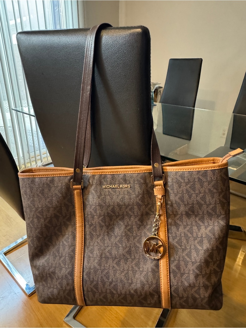 Michael Kors Brown Logo Tote with Tan Trim and Dark Brown Straps